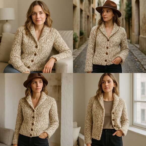 Vintage Handknit Chunky Wool Blend Cardigan — Cream & Chestnut Marled Yarn - Picture 2 of 13